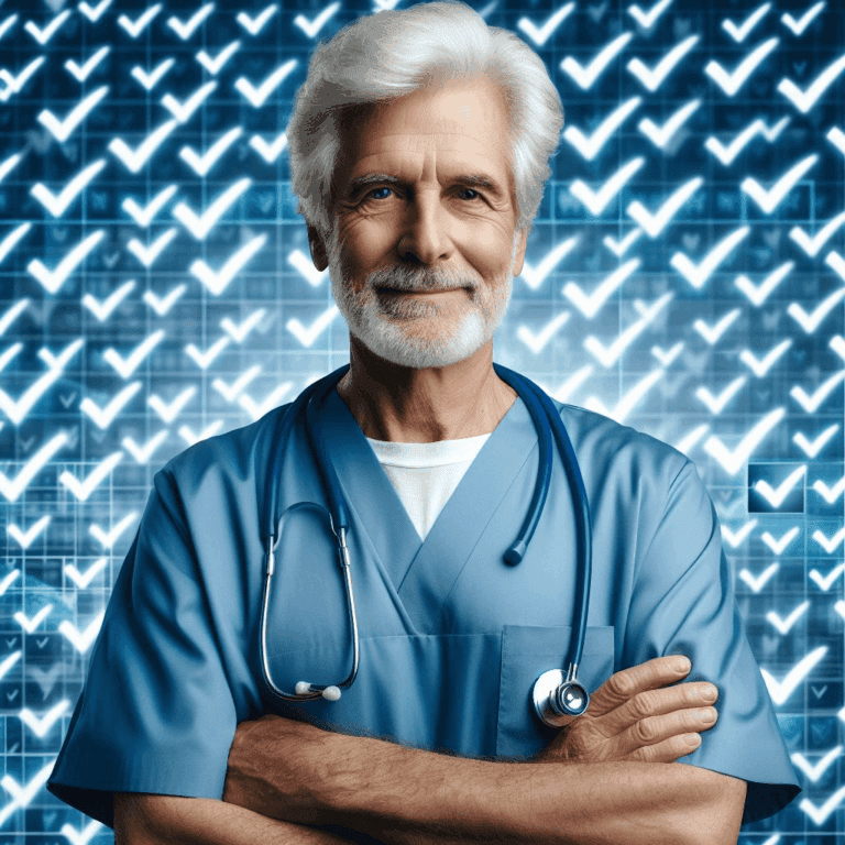 specialist surgeon against a background of checkmarks
